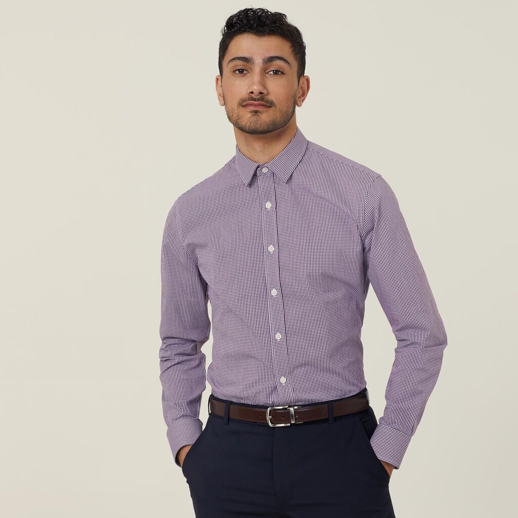 Mens Avignon Gingham Check Stretch Long Sleeve Slim Shirt Shirts NNT