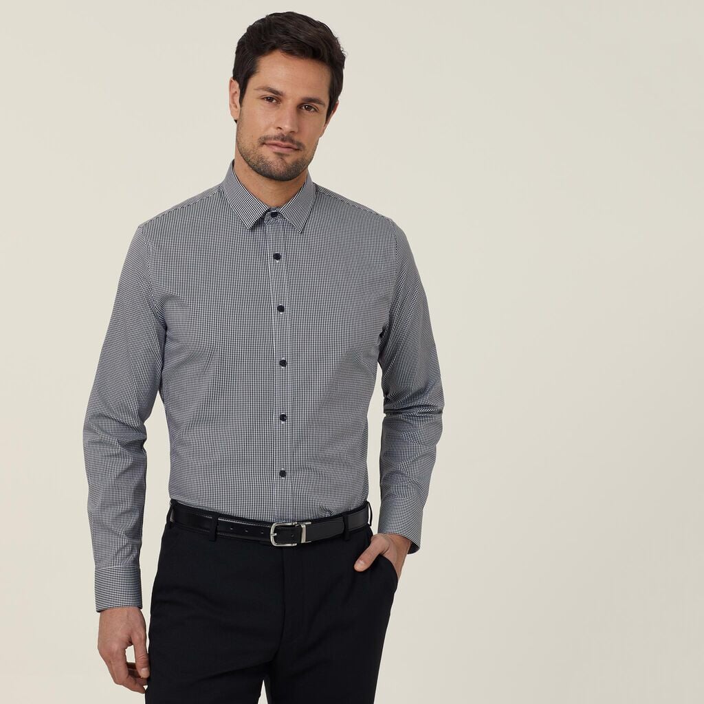 Mens Avignon Gingham Check Stretch Long Sleeve Slim Shirt Shirts NNT