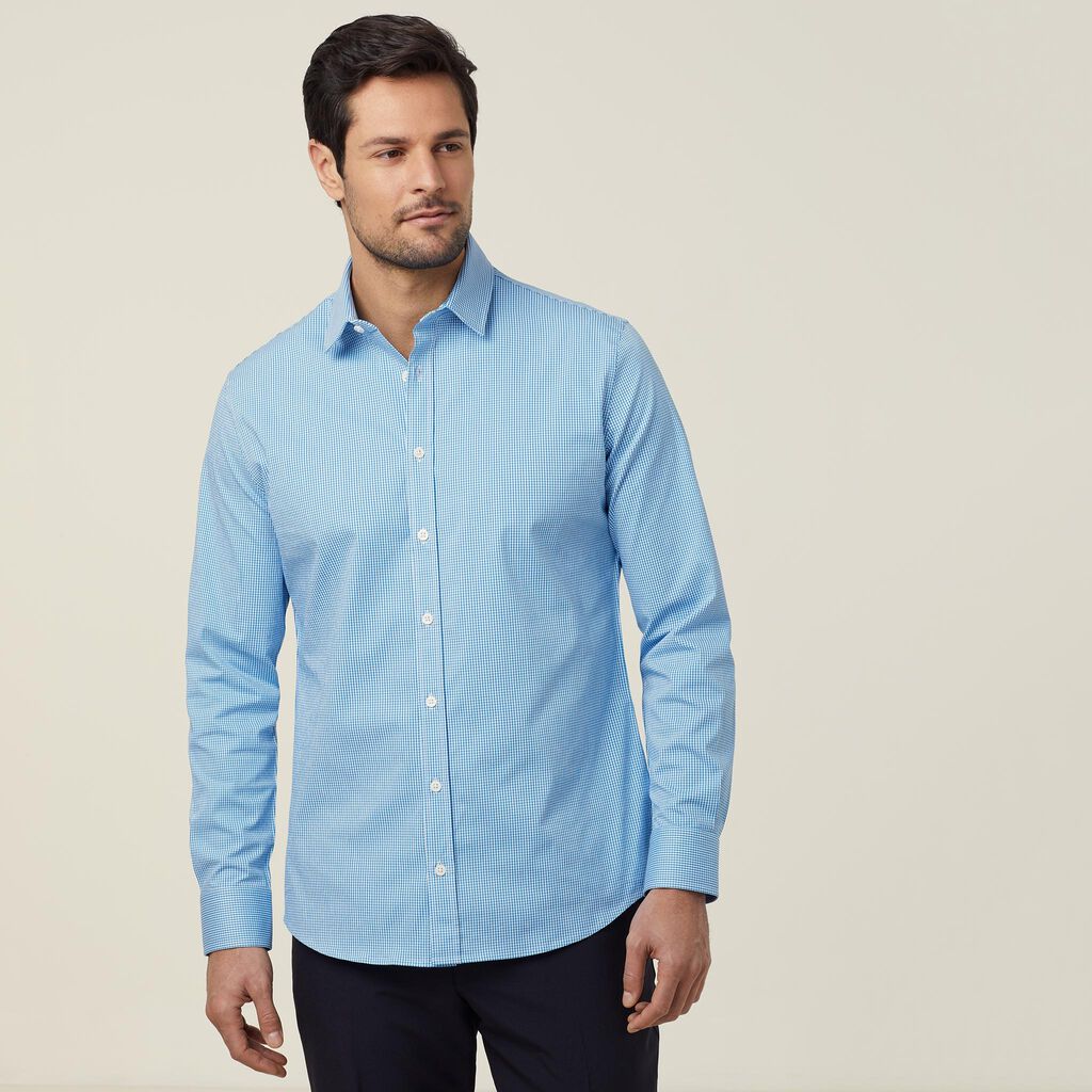 Mens Avignon Gingham Check Stretch Long Sleeve Slim Shirt Shirts NNT