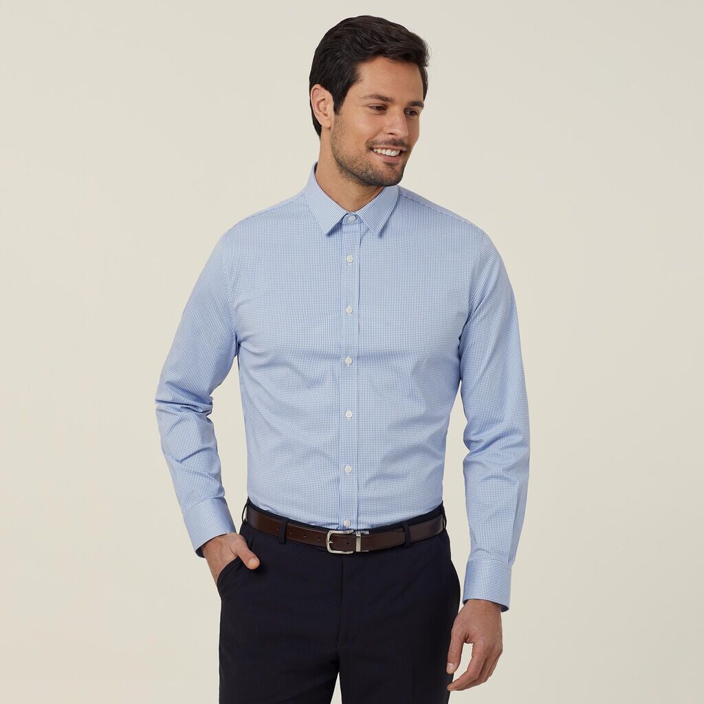 Mens Avignon Gingham Check Stretch Long Sleeve Slim Shirt Shirts NNT