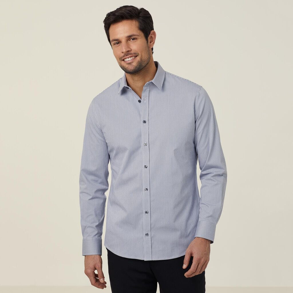 Mens Avignon Gingham Check Stretch Long Sleeve Slim Shirt Shirts NNT