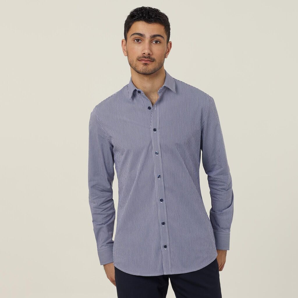 Mens Avignon Gingham Check Stretch Long Sleeve Slim Shirt Shirts NNT